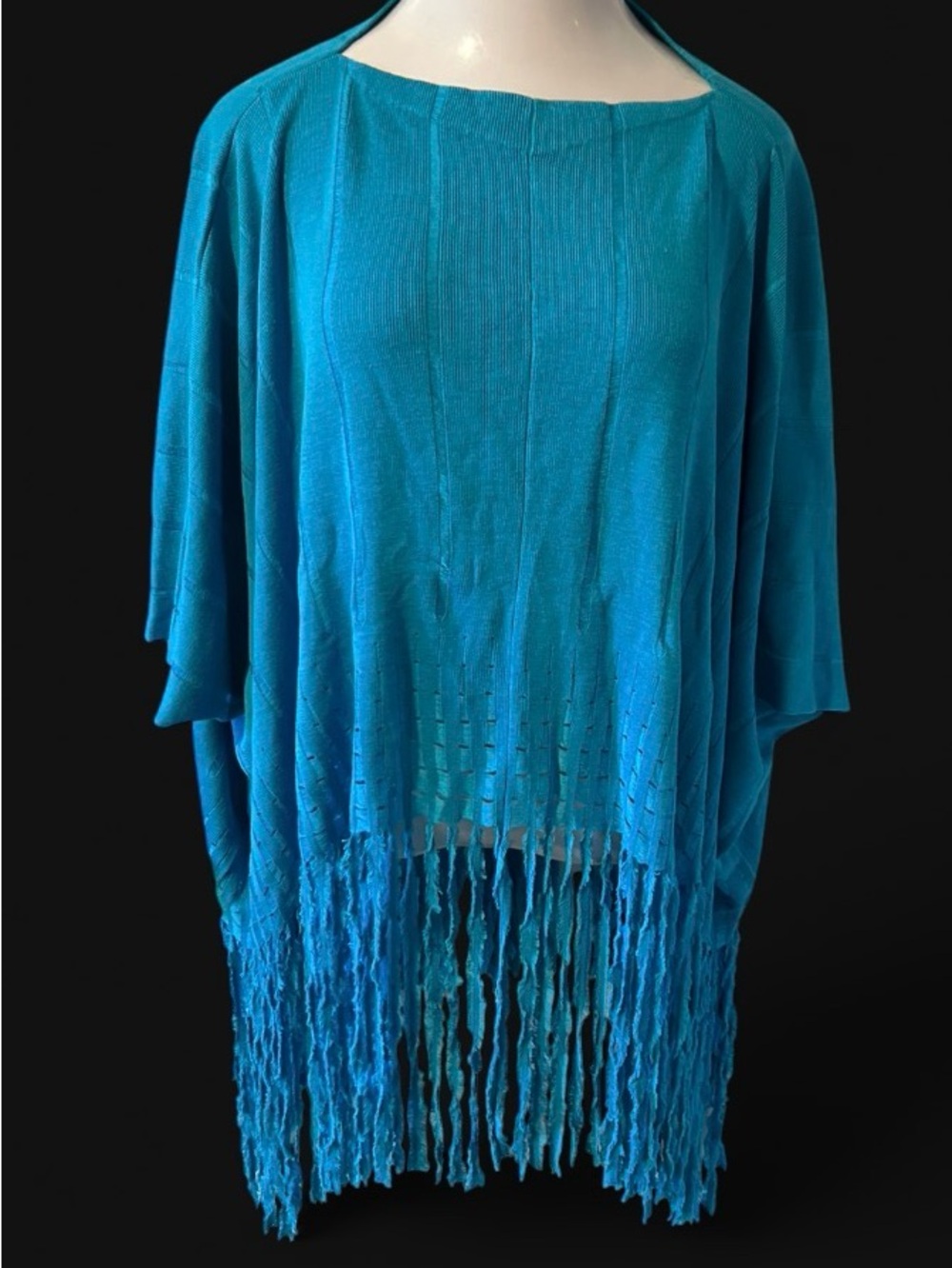 La Belle Teal Knit Fringe Poncho Sweater